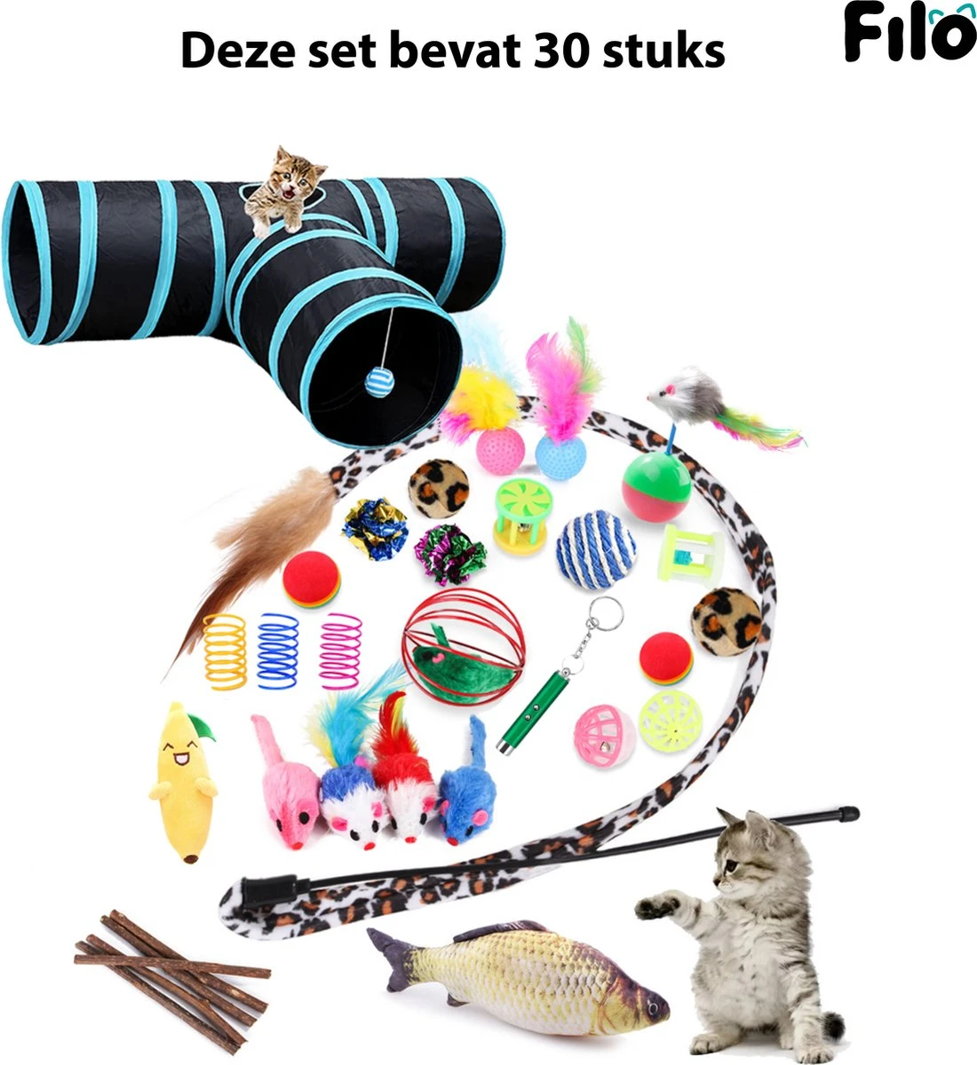 Filo Kattenspeelgoed Set 30 Stuks - Kattenspeeltje Kattentunnel - Kattenhengel - Kattenveertjes - Vis Met Kattenkruid - Kattenspeeltjes Intelligentie Kitten - Interactief Speelgoed Katten - Poezen Speeltjes - Afbeelding 2