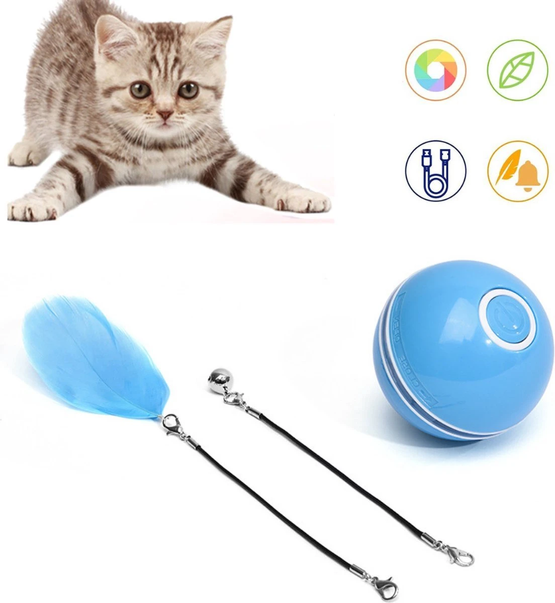 Otiume Elektrische Speelbal - Slimme Interactieve Zelfrollende Bal - Speelgoed Voor Katten - Kattenspeelgoed - Blauw - Afbeelding 2