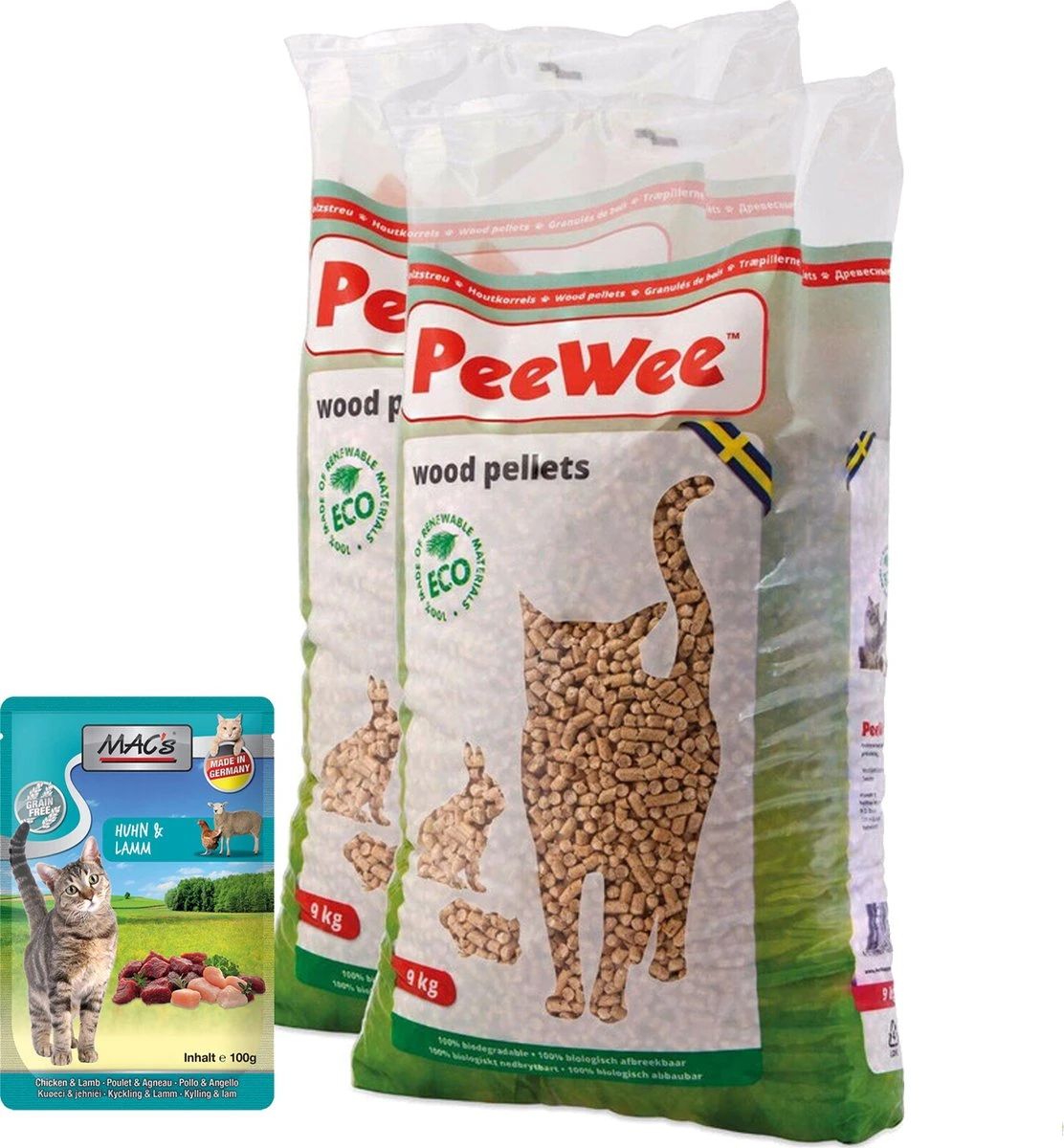 Peewee Houtkorrels Kattenbakvulling - 2 X 9 Kg (18 Kg, 28l) + Gezonde Kattensnack - Afbeelding 2
