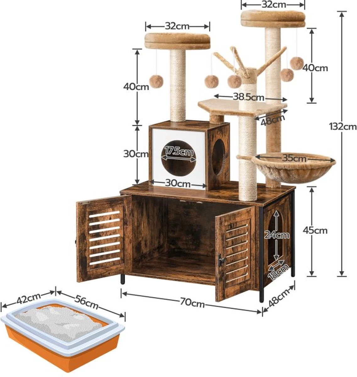 Signature Home Lola Krabpaal Met Kattenbak - Kattenbak Hangmat Mand Katten Huis - Kattenhuis Met Deur En Slot - Krabpalen Katten Huis - Kattenbakmeubel Verborgen - Alles-in-één Kattenspeelgoed Met Kattenhuis - Bruin - 70cm X 132cm X 48cm - Afbeelding 4