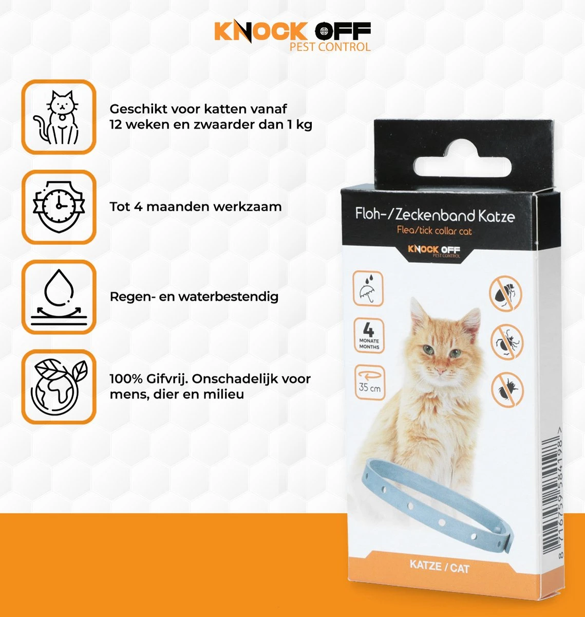 Knock Off Vlooien-tekenband – 100% Natuurlijke Vlooienbestrijding - Zonder Schadelijke Pesticiden Of Gif – Effectief Tot 4 Maanden – Nederlands- En Franstalige Handleiding – Regen- En Waterbestendig - Geschikt Voor Katten – 35 Cm - Afbeelding 2