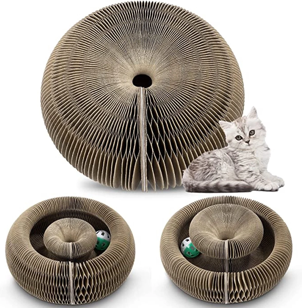 Kattenspeelgoed - Ronde, Opvouwbare En Vervormbare Krabmat Voor Katten Met Bal Met Belletjes Van Golfkartonpapier - Interactief Krabspeelgoed Voor Katten - Afbeelding 7