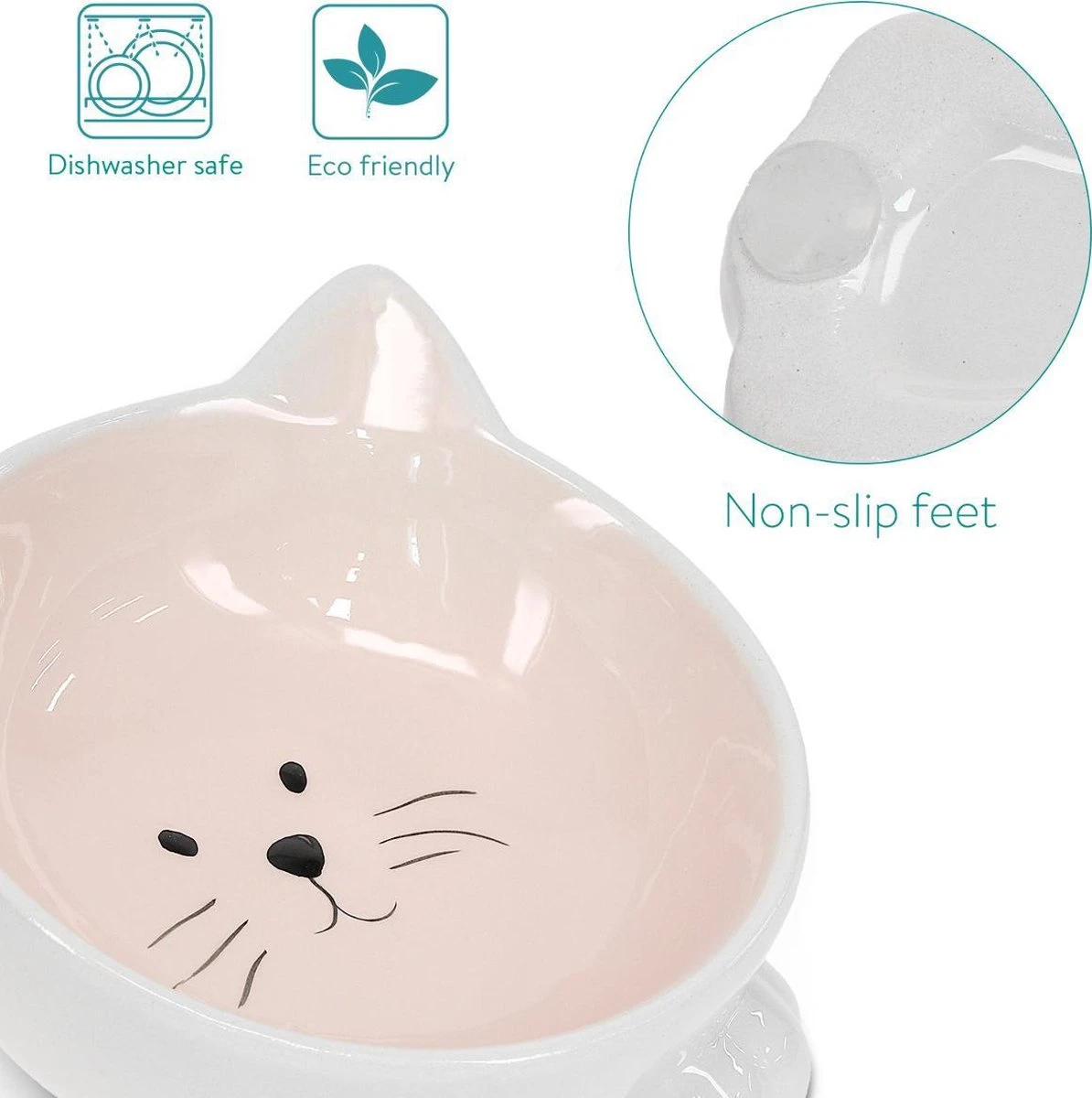 Navaris Voerbakjes Voor Katten - Set Van 2 Voer- En Waterbakken - Etensbak Van Keramiek - Met Antislip Voetjes - Kattenvorm - Roze/Groen - Afbeelding 6