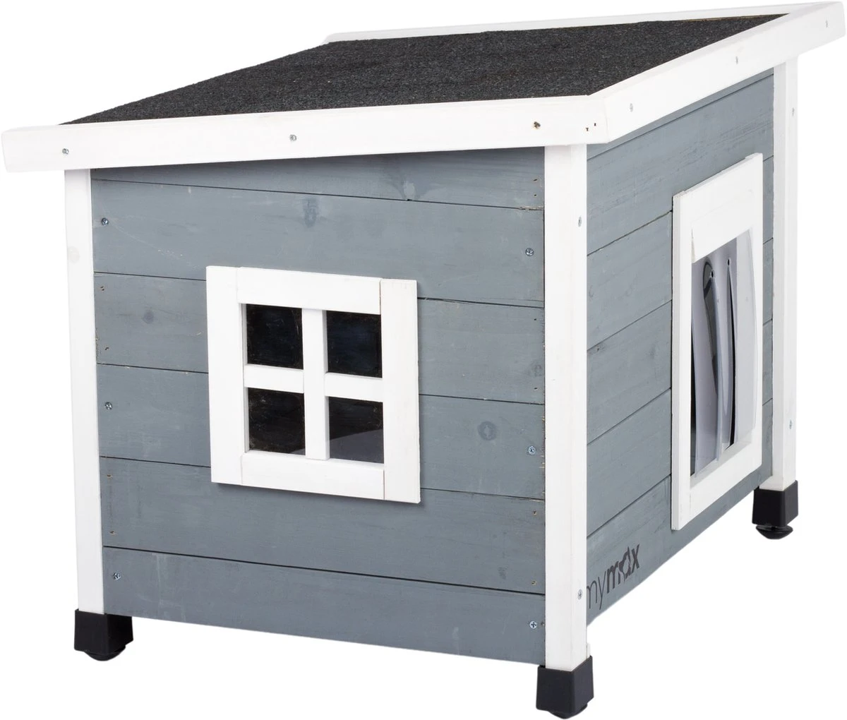 MyMax Kattenhuis - Hout - Openslaand Bitumen Dak - Kattenhuis Voor Buiten - Kattenhok - Kattenhuisje Hout - Grijs - 57*45*43CM - Afbeelding 4