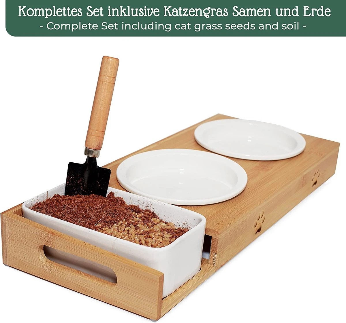 Pfotenolymp® Voederstation Met Kattengras Voor Katten - Porseleinen Kattenbak/Voedingsbak - Verhoogde Kom Set Met Kattengrasbak - Voerbak Hoog - Afbeelding 2