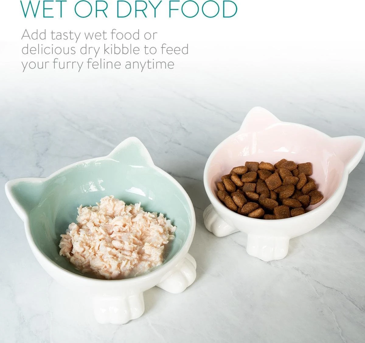 Navaris Voerbakjes Voor Katten - Set Van 2 Voer- En Waterbakken - Etensbak Van Keramiek - Met Antislip Voetjes - Kattenvorm - Roze/Groen - Afbeelding 4