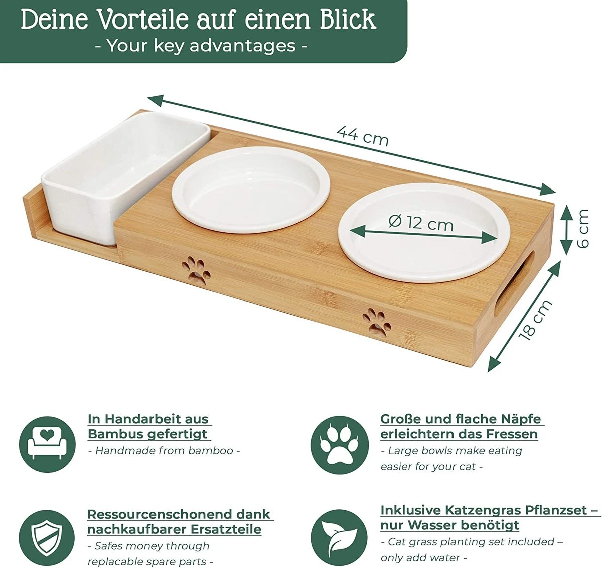 Pfotenolymp® Voederstation Met Kattengras Voor Katten - Porseleinen Kattenbak/Voedingsbak - Verhoogde Kom Set Met Kattengrasbak - Voerbak Hoog - Afbeelding 5