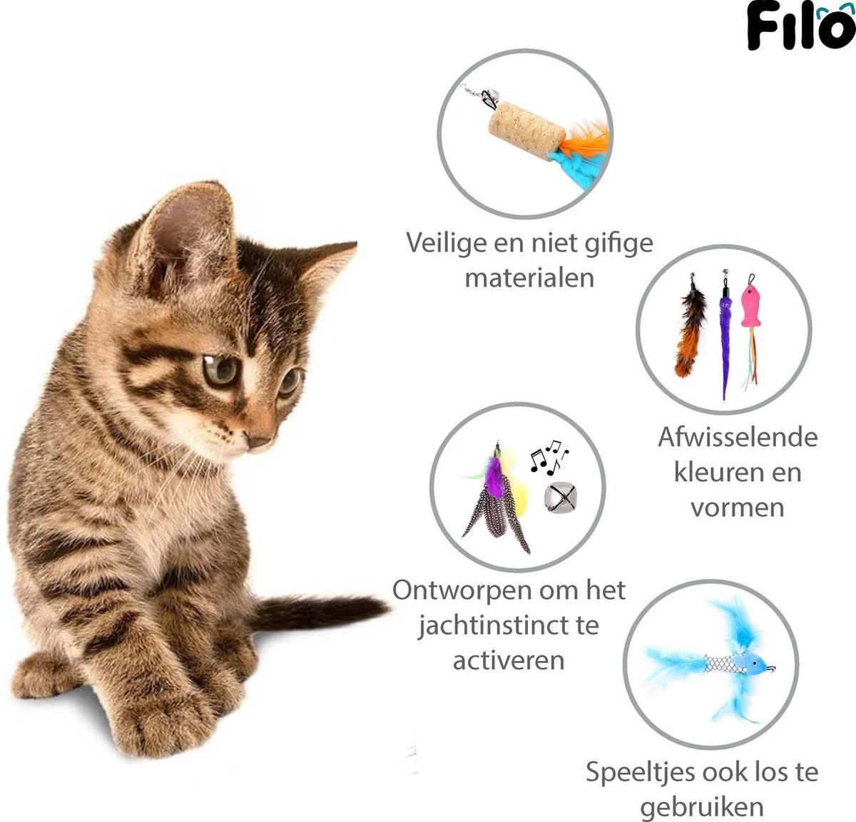 Filo Kattenhengel Set + 12 Kattenspeeltjes – Speelhengels Interactief Kattenspeelgoed – Hengel Kattenspeeltje Kittens - Speelgoed Speelhengel Vis Kat En Kitten - Afbeelding 7