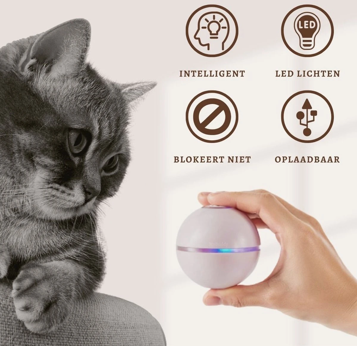 MyBuddy - Interactieve Zelf Rollende Bal - Kattenspeeltjes - Kattenspeelgoed - Bal Voor Katten - LED Lights - Speelgoed - USB - Roze - Afbeelding 2
