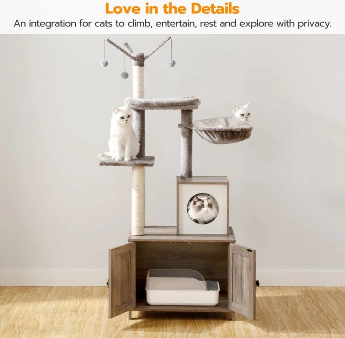 Signature Home Catty Krabpaal Met Kattenbak - Kattenbakkast - Kattenhuis Met Deur En Slot - Krabpalen Met Hangmat Mand Katten Huis - Kattenbakmeubel Verborgen - Alles-in-één Kattenspeelgoed Met Kattenhuis - Grijs - 60cm X 150cm X 48cm - Afbeelding 12