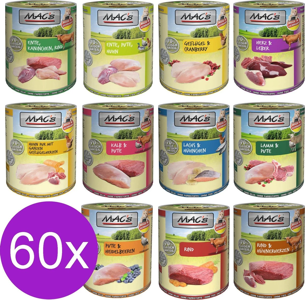 Merkloos MAC’s Kattenvoer Natvoer Blik Mixpakket 60 X 400g + Kattensnoepjes