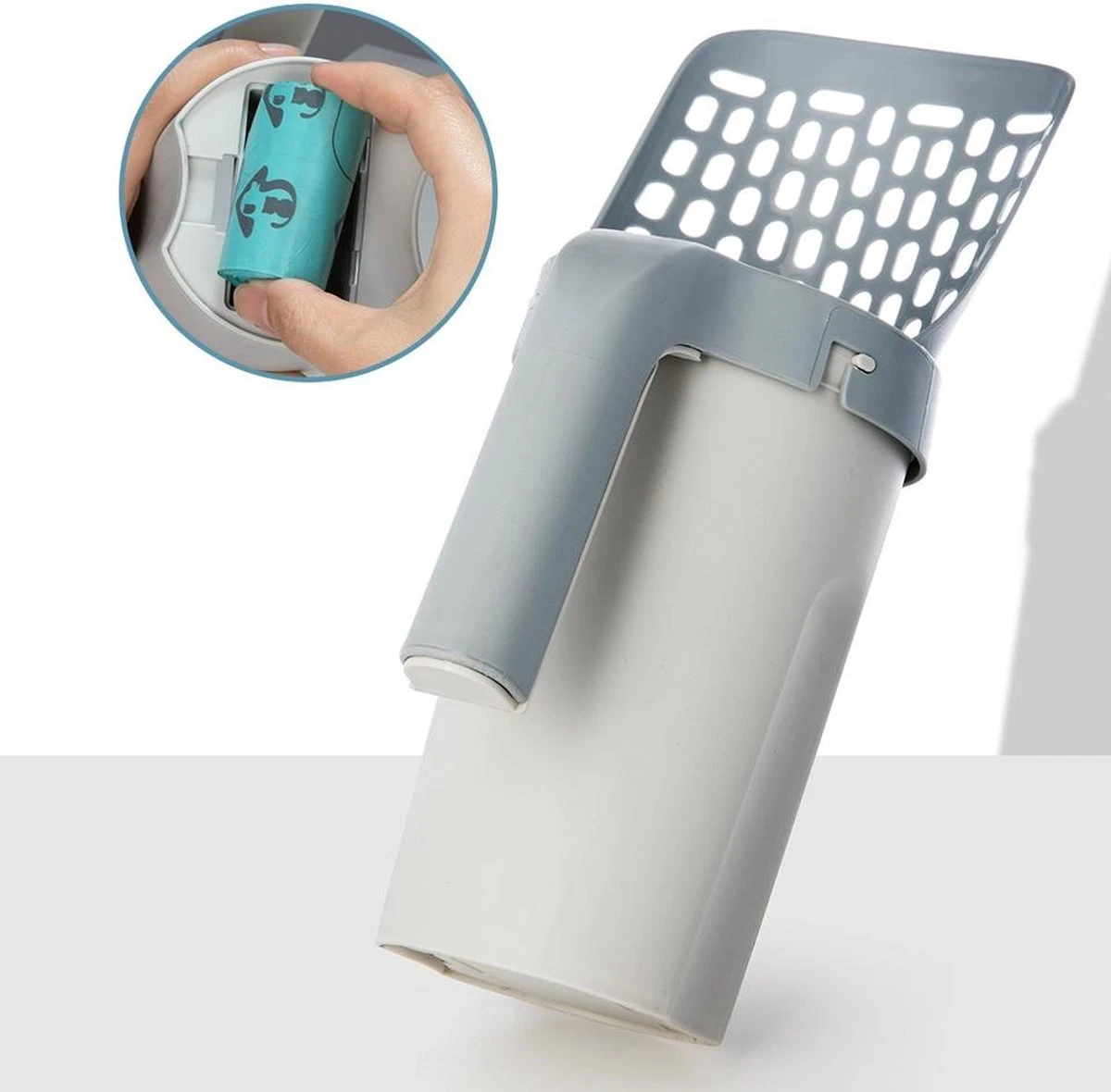 YELÉ LIVING – Kattenbakschep – Haarverwijderaar - Cat Litter Scoop – Kattenbakschep Met Container – Katten – Kattenbak – Grijs/wit – Kattenbak Schep – Grind – Kattengrind – Kattenbak Grind – Poep Zakjes – Afvalcontainer - All-in-1 Kattenbakschep - Afbeelding 5