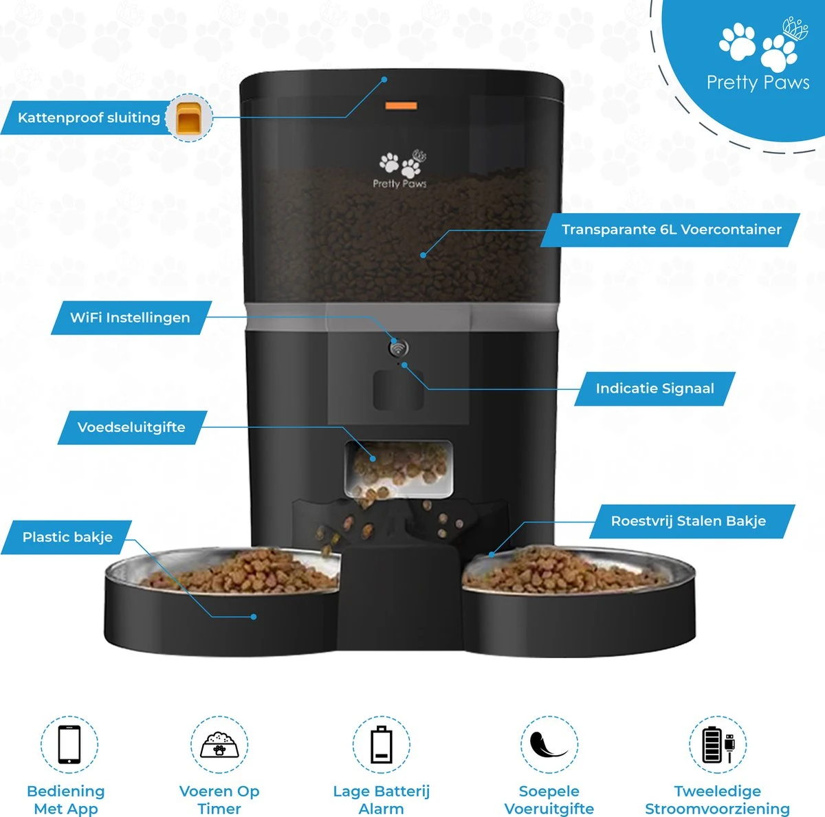 Pretty Paws QQ003 - Wifi Voermachine - Dubbele Voerbakjes - Zwart - Kat - 6L - Afbeelding 6