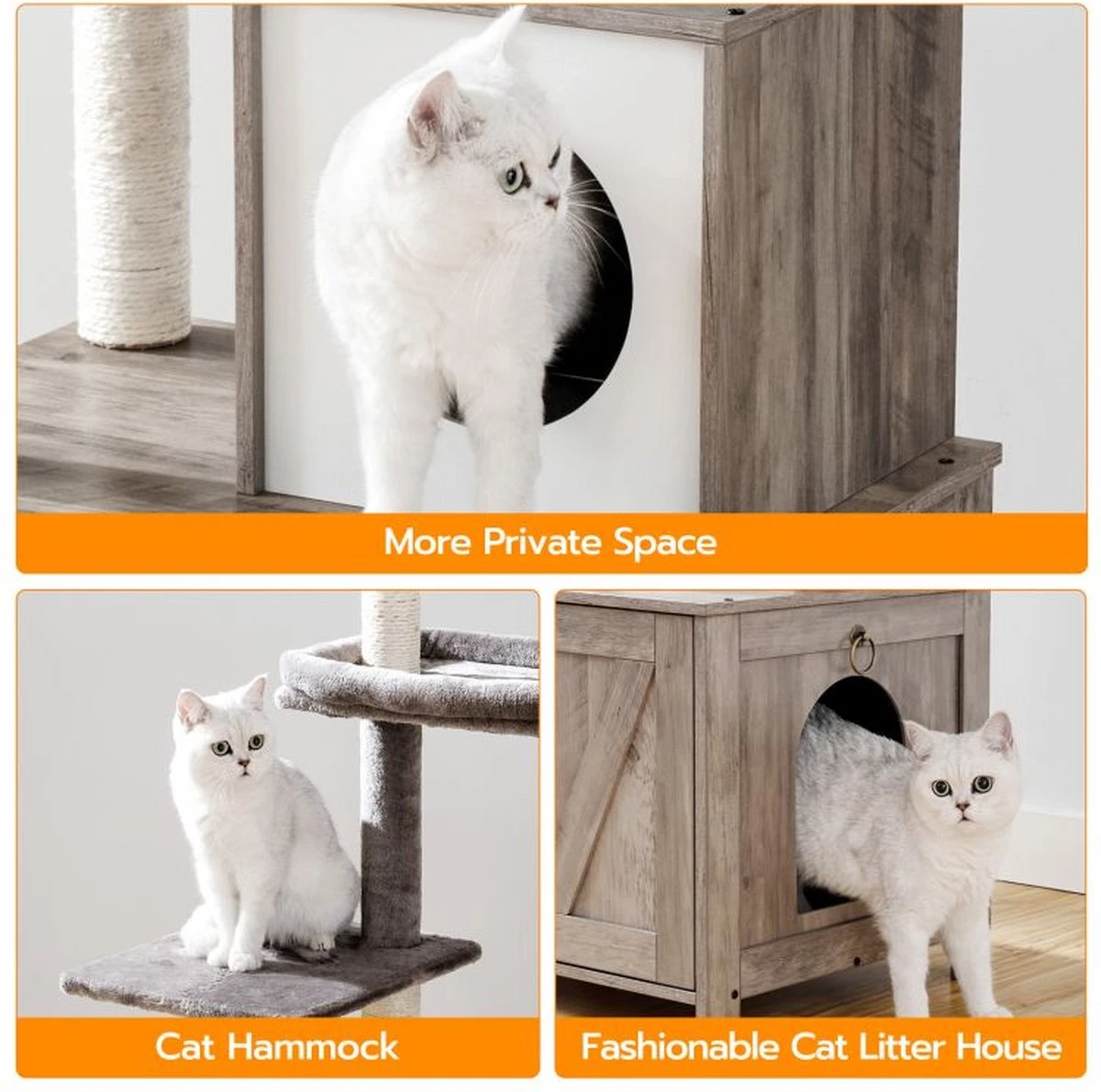 Signature Home Catty Krabpaal Met Kattenbak - Kattenbakkast - Kattenhuis Met Deur En Slot - Krabpalen Met Hangmat Mand Katten Huis - Kattenbakmeubel Verborgen - Alles-in-één Kattenspeelgoed Met Kattenhuis - Grijs - 60cm X 150cm X 48cm - Afbeelding 6