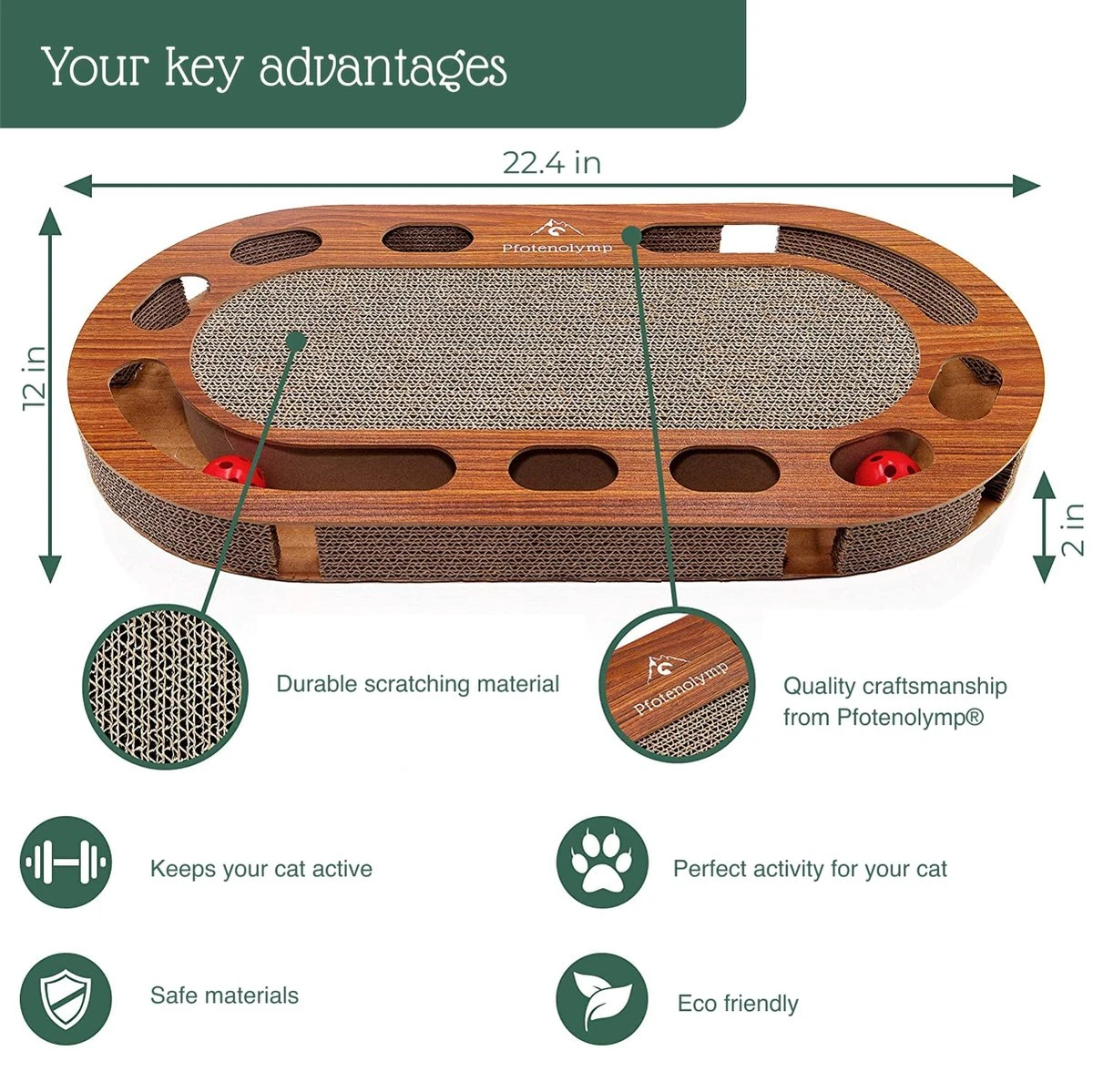 Pfotenolymp® Kattenspeelplaats 57 X 30 X 5 Cm - Interactief Kattenspeelgoed/krabplank Van Golfkarton - Krabplank - Voedselspeeltje Met Speelbal & Kattenkruid/krabplank Voor Katten - Afbeelding 2