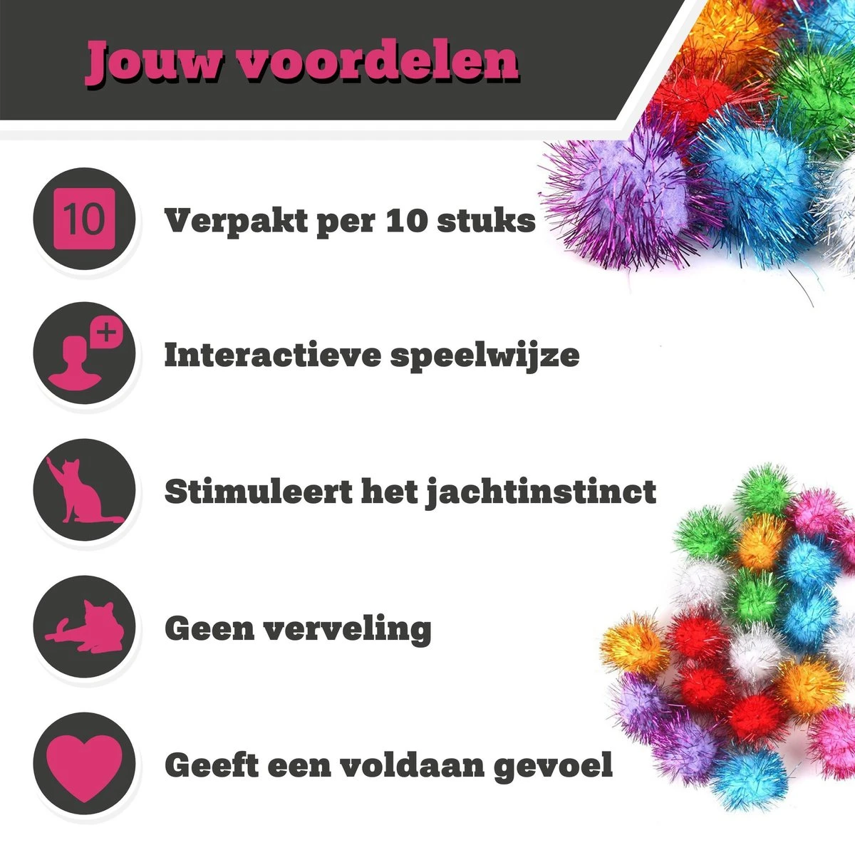 Make Me Purr Glitter Pompon Ballen (10 Stuks) - Kattenspeeltjes - Kattenspeelgoed - Speelgoed Voor Katten - Kat Speeltje Bal - Kitten Speeltjes Balletjes - Afbeelding 2