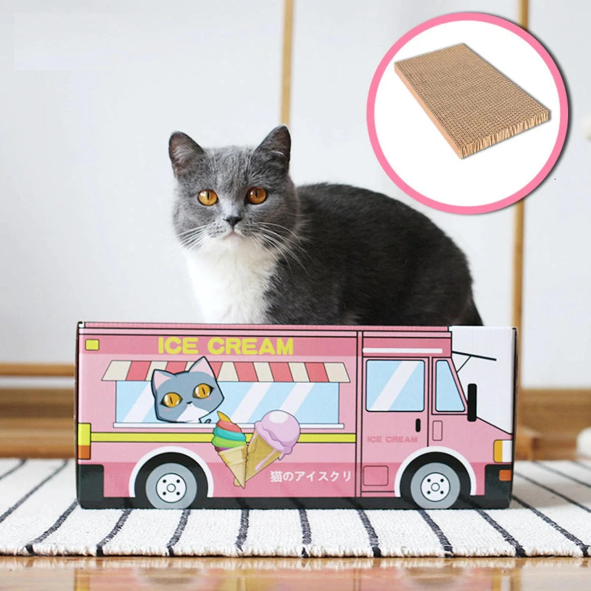 Make Me Purr Kattendoos Van Karton (Ice Cream) - Inclusief Kartonnen Krabmat - Speelgoed Doos Voor Katten Met Krab Mat - Kat Krabpaal Speeltje - Kattenbed Kattenmand Kattenhuis Kattentunnel - Kattenspeelgoed - Kattenspeeltjes - Kitten Speeltjes
