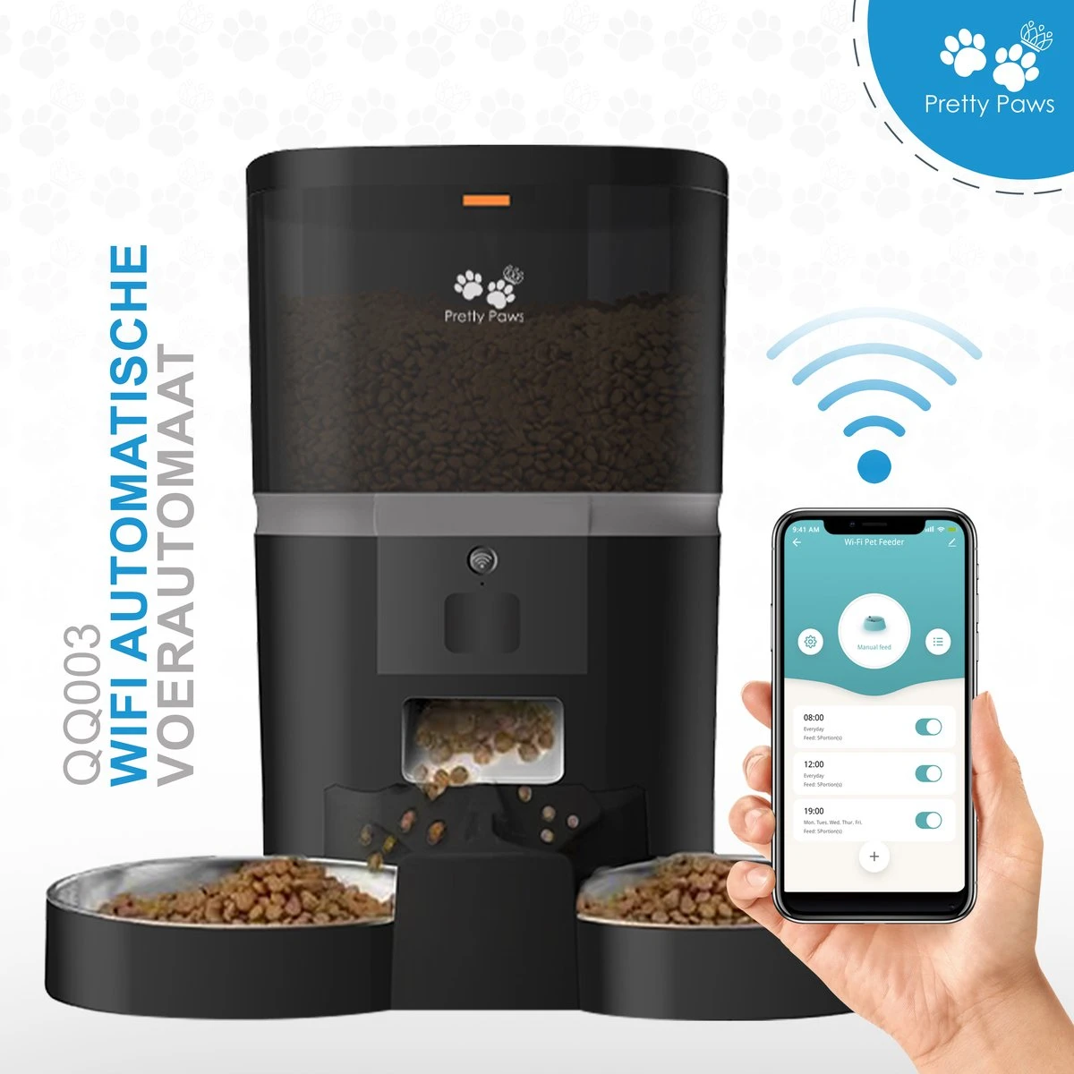 Pretty Paws QQ003 - Wifi Voermachine - Dubbele Voerbakjes - Zwart - Kat - 6L - Afbeelding 2