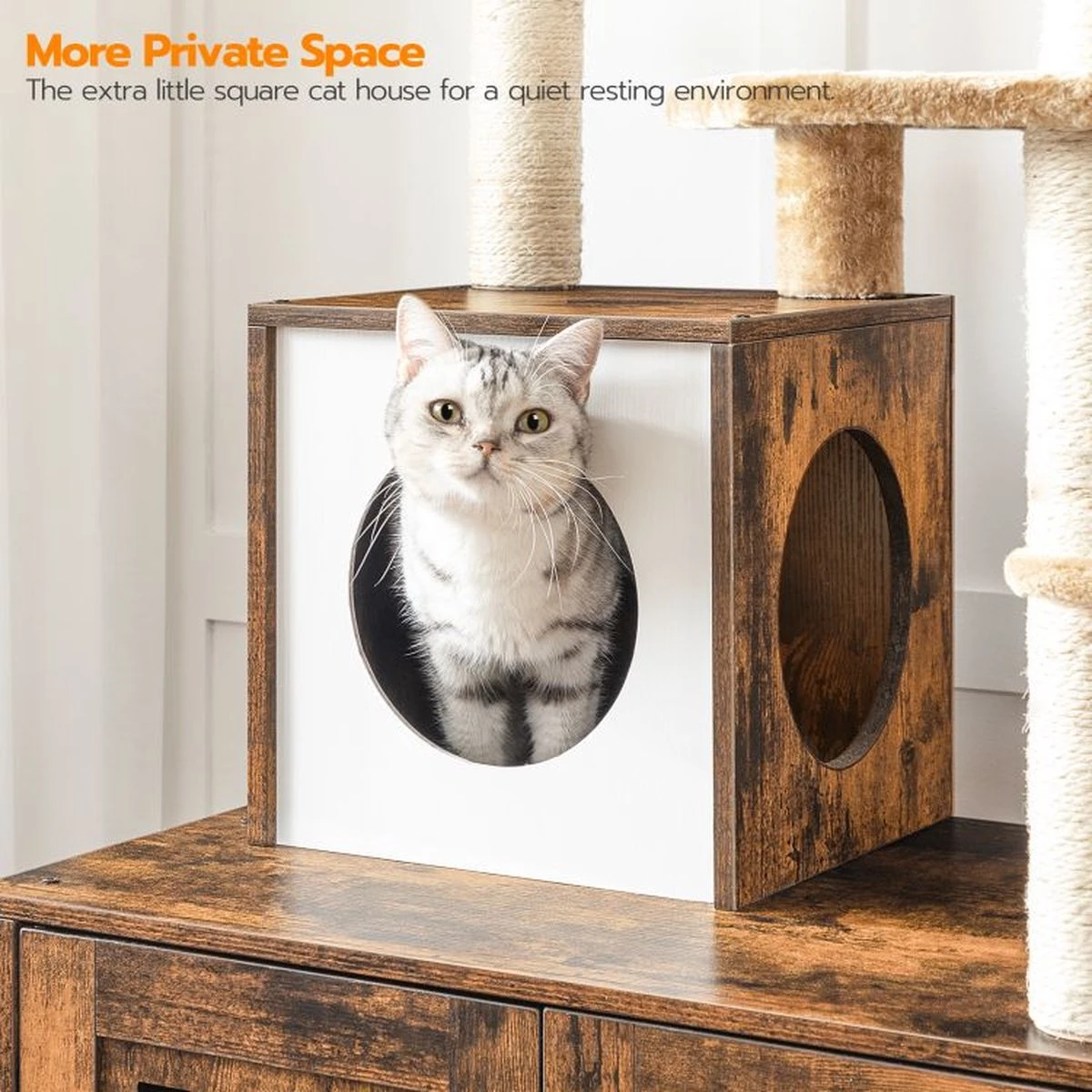 Signature Home Lola Krabpaal Met Kattenbak - Kattenbak Hangmat Mand Katten Huis - Kattenhuis Met Deur En Slot - Krabpalen Katten Huis - Kattenbakmeubel Verborgen - Alles-in-één Kattenspeelgoed Met Kattenhuis - Bruin - 70cm X 132cm X 48cm - Afbeelding 2