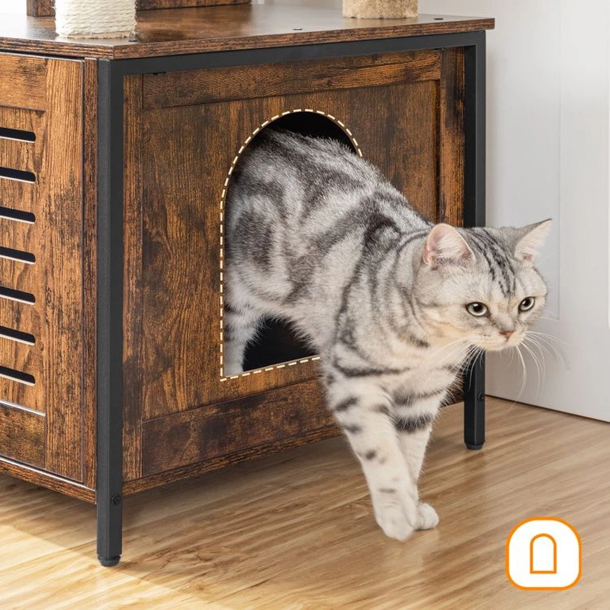 Signature Home Lola Krabpaal Met Kattenbak - Kattenbak Hangmat Mand Katten Huis - Kattenhuis Met Deur En Slot - Krabpalen Katten Huis - Kattenbakmeubel Verborgen - Alles-in-één Kattenspeelgoed Met Kattenhuis - Bruin - 70cm X 132cm X 48cm - Afbeelding 5