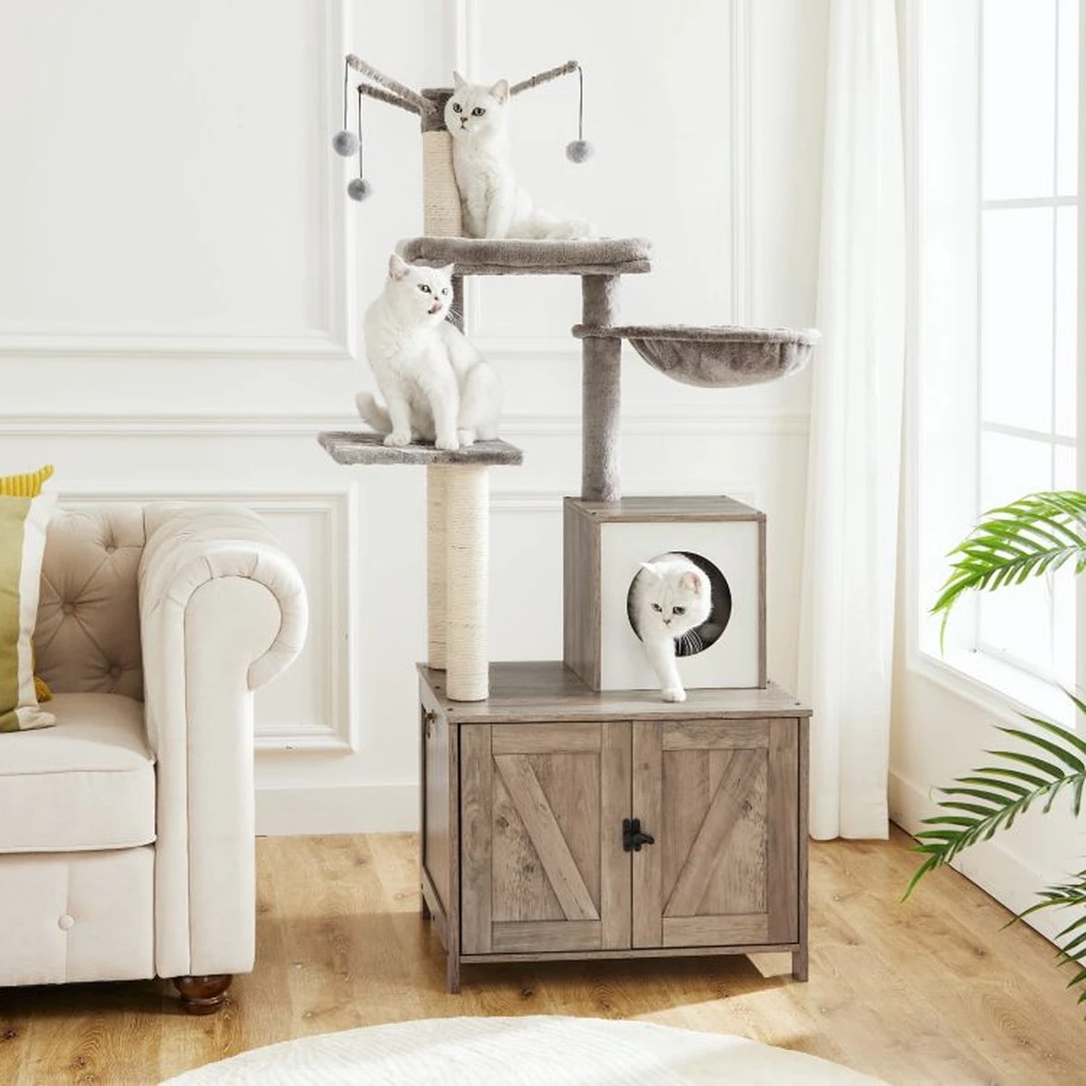 Signature Home Catty Krabpaal Met Kattenbak - Kattenbakkast - Kattenhuis Met Deur En Slot - Krabpalen Met Hangmat Mand Katten Huis - Kattenbakmeubel Verborgen - Alles-in-één Kattenspeelgoed Met Kattenhuis - Grijs - 60cm X 150cm X 48cm - Afbeelding 5