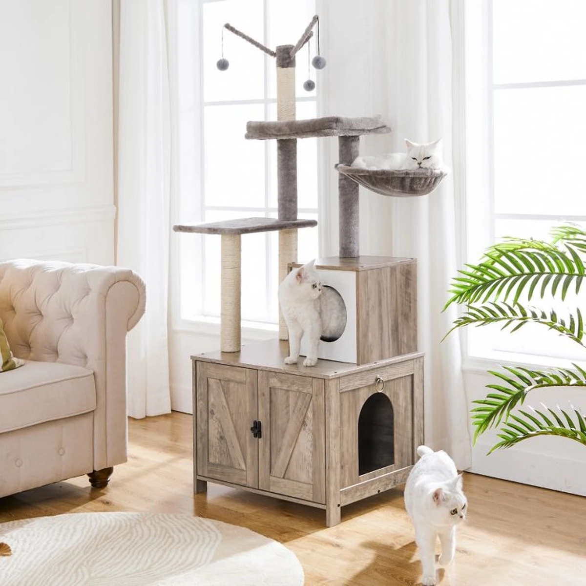 Signature Home Catty Krabpaal Met Kattenbak - Kattenbakkast - Kattenhuis Met Deur En Slot - Krabpalen Met Hangmat Mand Katten Huis - Kattenbakmeubel Verborgen - Alles-in-één Kattenspeelgoed Met Kattenhuis - Grijs - 60cm X 150cm X 48cm - Afbeelding 7