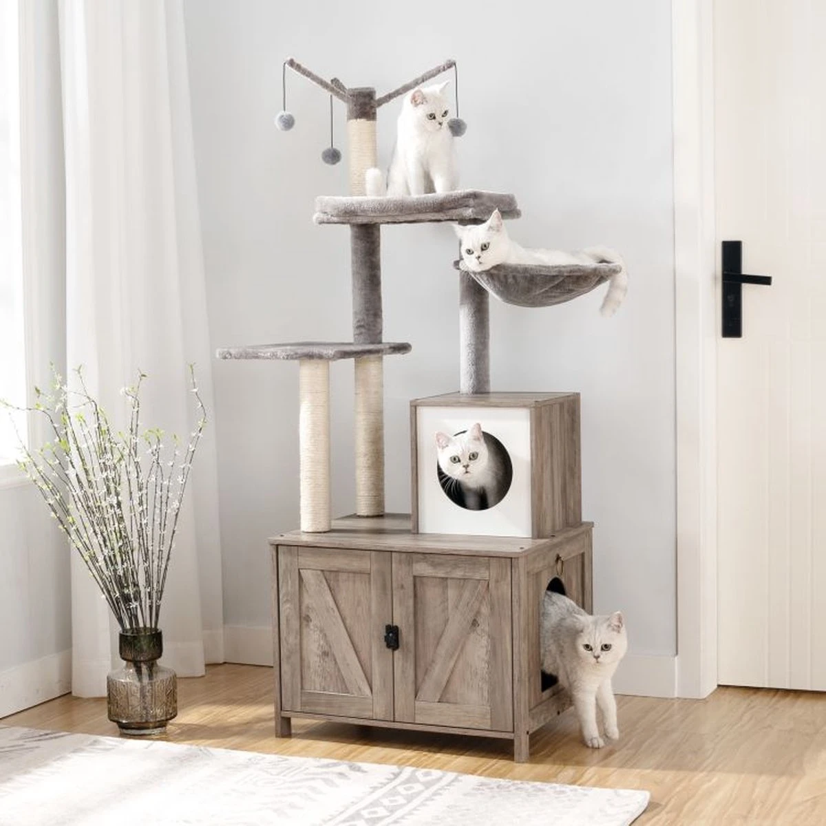 Signature Home Catty Krabpaal Met Kattenbak - Kattenbakkast - Kattenhuis Met Deur En Slot - Krabpalen Met Hangmat Mand Katten Huis - Kattenbakmeubel Verborgen - Alles-in-één Kattenspeelgoed Met Kattenhuis - Grijs - 60cm X 150cm X 48cm - Afbeelding 9