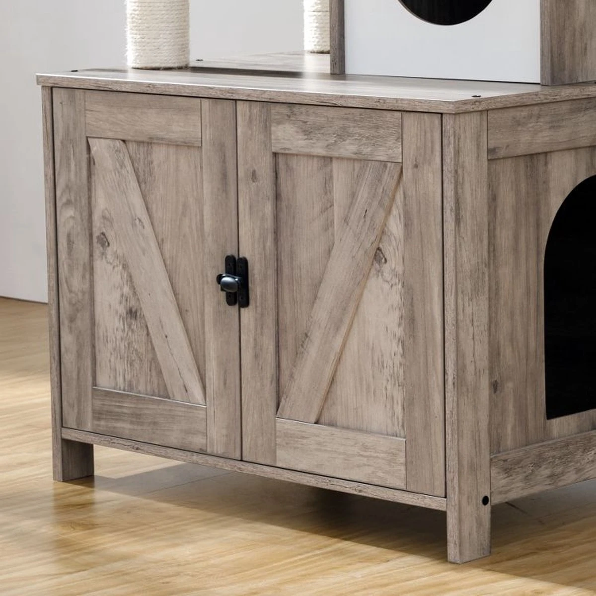 Signature Home Catty Krabpaal Met Kattenbak - Kattenbakkast - Kattenhuis Met Deur En Slot - Krabpalen Met Hangmat Mand Katten Huis - Kattenbakmeubel Verborgen - Alles-in-één Kattenspeelgoed Met Kattenhuis - Grijs - 60cm X 150cm X 48cm - Afbeelding 10