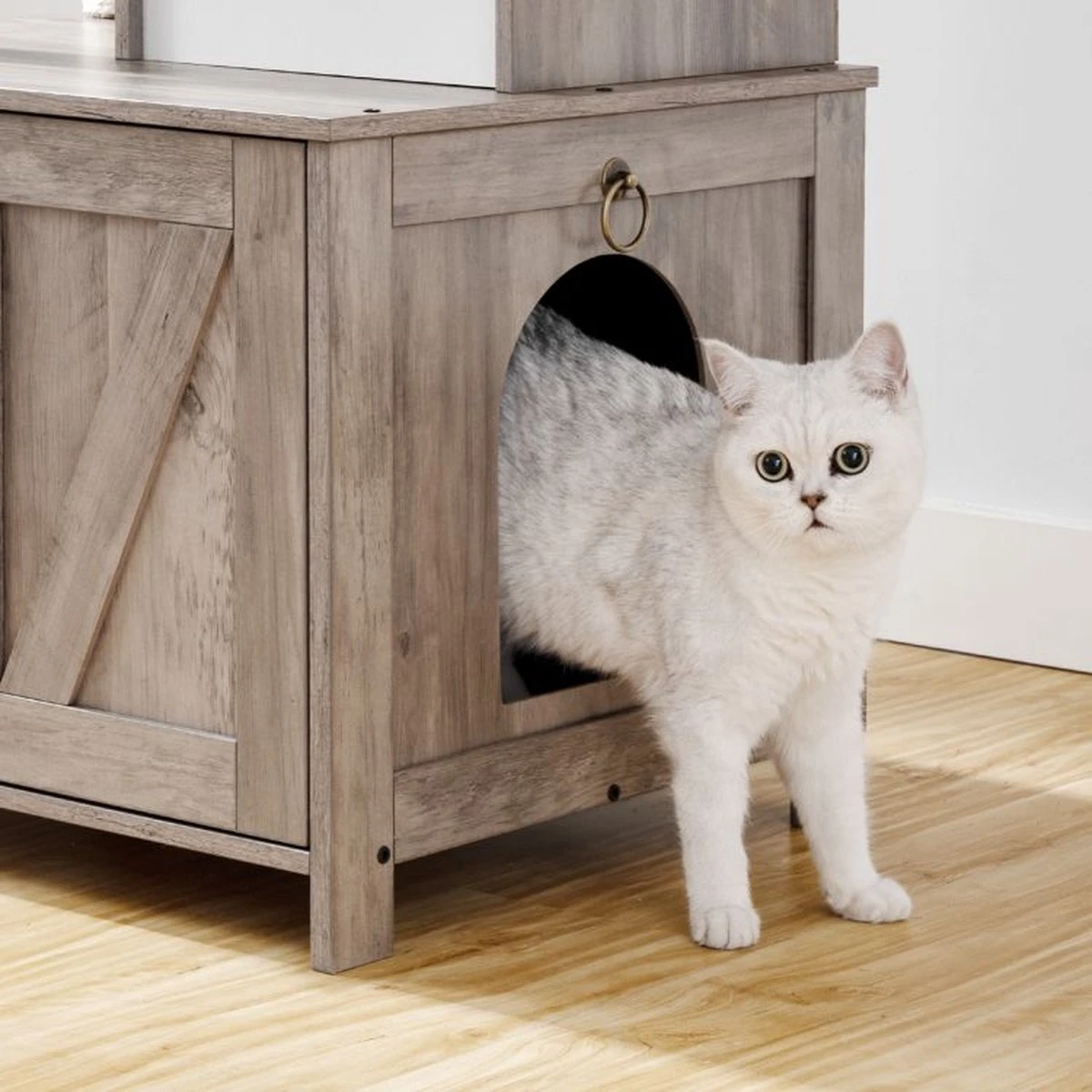 Signature Home Catty Krabpaal Met Kattenbak - Kattenbakkast - Kattenhuis Met Deur En Slot - Krabpalen Met Hangmat Mand Katten Huis - Kattenbakmeubel Verborgen - Alles-in-één Kattenspeelgoed Met Kattenhuis - Grijs - 60cm X 150cm X 48cm - Afbeelding 11