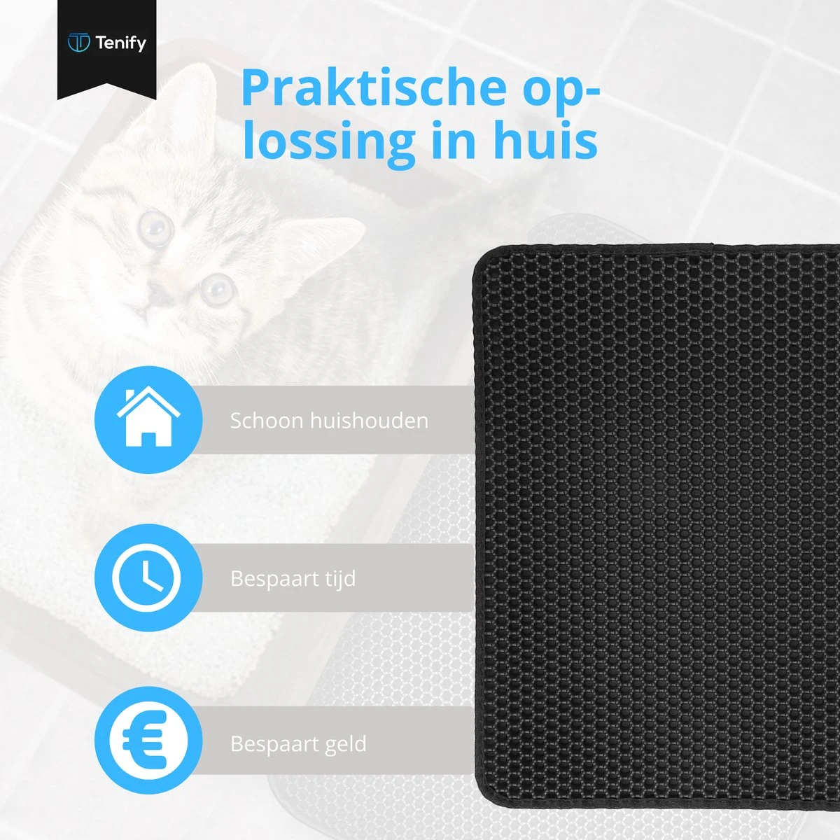 Tenify Kattenbakmat + Extra Kattenbak Schepje - 40 X 50 Cm - Waterdicht - Dubbele Laag - Honingraatstructuur - Uitloopmat - Mat - Afbeelding 4