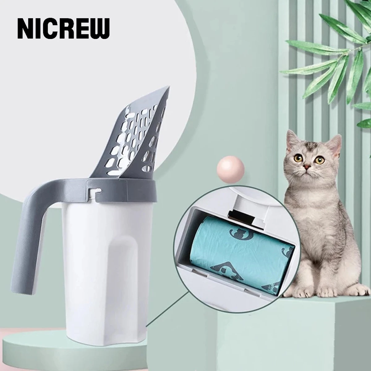 YELÉ LIVING – Kattenbakschep – Haarverwijderaar - Cat Litter Scoop – Kattenbakschep Met Container – Katten – Kattenbak – Grijs/wit – Kattenbak Schep – Grind – Kattengrind – Kattenbak Grind – Poep Zakjes – Afvalcontainer - All-in-1 Kattenbakschep - Afbeelding 3