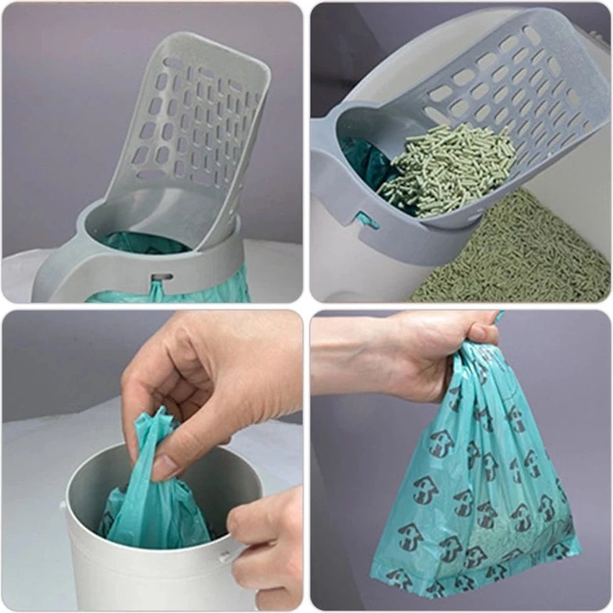 YELÉ LIVING – Kattenbakschep – Haarverwijderaar - Cat Litter Scoop – Kattenbakschep Met Container – Katten – Kattenbak – Grijs/wit – Kattenbak Schep – Grind – Kattengrind – Kattenbak Grind – Poep Zakjes – Afvalcontainer - All-in-1 Kattenbakschep - Afbeelding 8