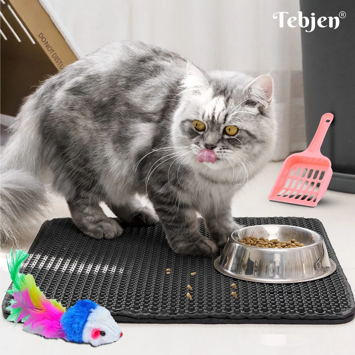 TEBJEN Kattenbakmat – Kattenbak Mat Grit Opvanger - Schoonloop Katten Mat – Dubbele Waterdichte Laag – Uitloopmat Kattenbak – Kattenbak Accessoires - Met Speelgoedmuisje En Schepje - 40x50cm - Afbeelding 6