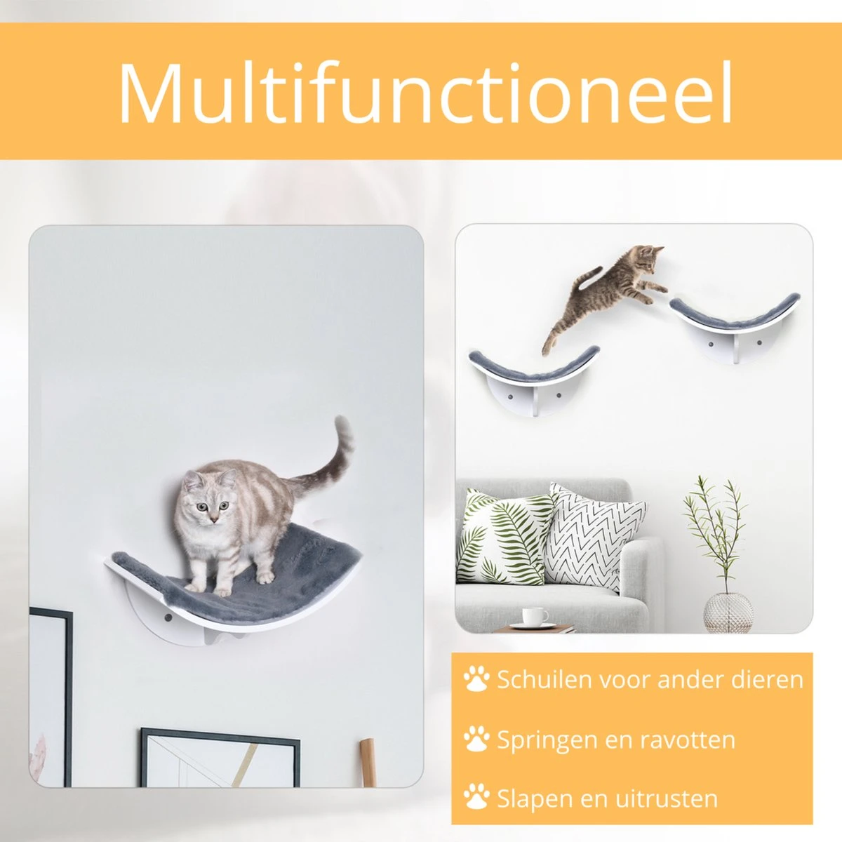 Merkloos Paws And Claws - Cat Shelf – Hangmat Kat – Kattenplank - Kattenbed - Wasbaar – Wandmontage – MDF - Wit - Afbeelding 4