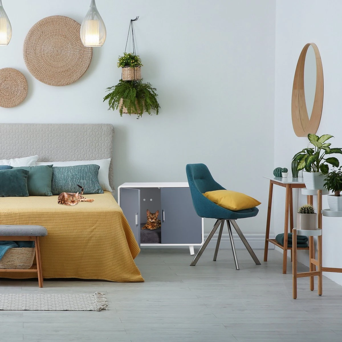 Relaxdays Kattenbak Ombouw Design - Kattenhuis Op Pootjes - Kattenmeubel Wit - Kattenkast - Afbeelding 3