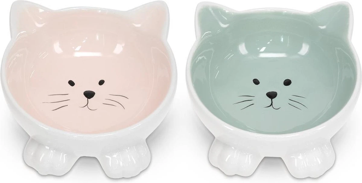Navaris Voerbakjes Voor Katten - Set Van 2 Voer- En Waterbakken - Etensbak Van Keramiek - Met Antislip Voetjes - Kattenvorm - Roze/Groen - Afbeelding 5
