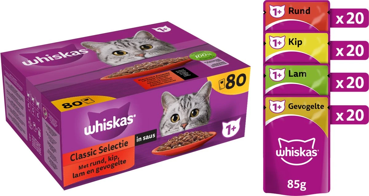 Whiskas 1+ Natvoer - Classic - Selectie In Saus - Maaltijdzakjes 80 X 85 G