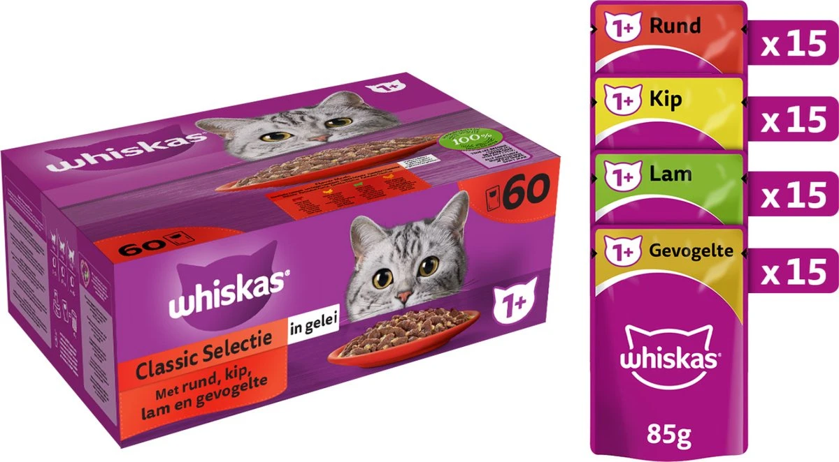 Whiskas 1+ Natvoer - Classic - Selectie In Gelei - Maaltijdzakjes 60 X 85 G