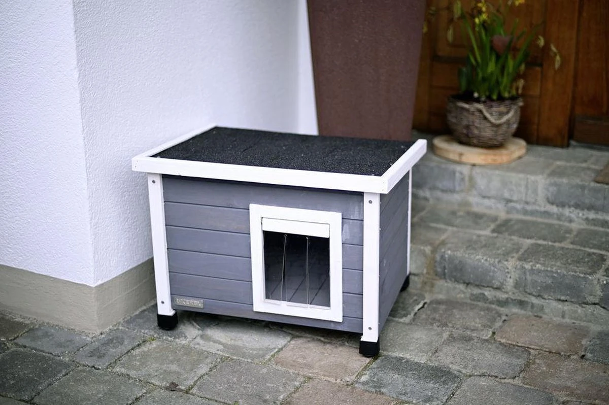 Merkloos Rexa® Kattenhuisje Van Dennenhout Wit/grijs 57x45x43cm | Kattenmand Voor Buiten Of In Huis | Beschermt Kat Tegen Kou En Geeft Veilig Gevoel | Makkelijke Ingang | Hoogwaardig Hout | Kattenbak | Katten Huis - Afbeelding 2