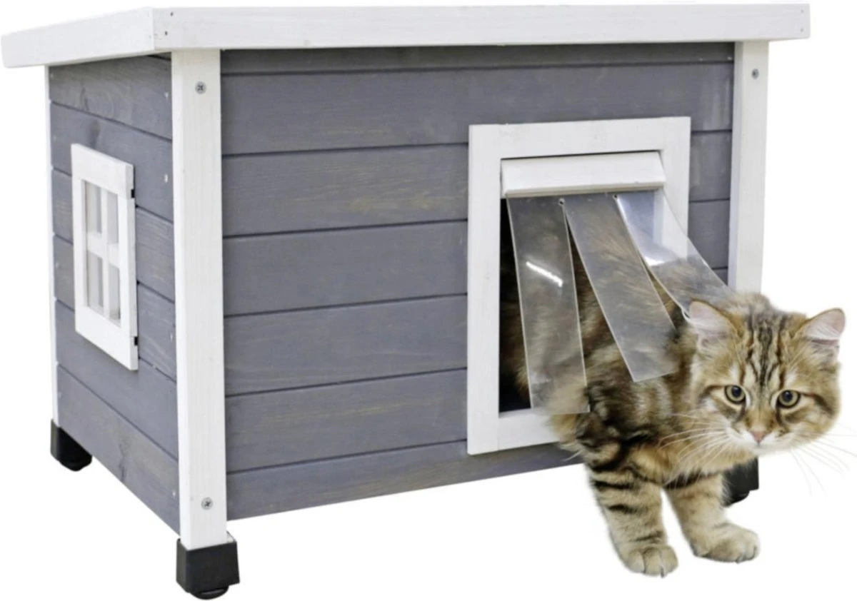 Merkloos Rexa® Kattenhuisje Van Dennenhout Wit/grijs 57x45x43cm | Kattenmand Voor Buiten Of In Huis | Beschermt Kat Tegen Kou En Geeft Veilig Gevoel | Makkelijke Ingang | Hoogwaardig Hout | Kattenbak | Katten Huis