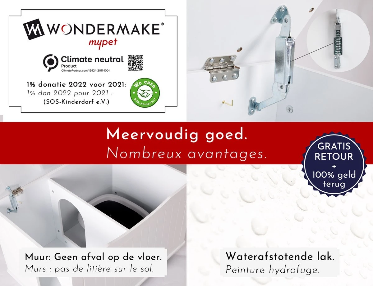 WONDERMAKE® Grote Kattenkast Houten Voor Kattenbak-box Kattentoilet, XL-kattenbak Dressoir Kastje, Designer Kattenhuis Met Kattenhol Kattenmand, Kasten Kast Voor Badkamer, 73,5 X 51,5 X 57 Cm, Wit - Afbeelding 4