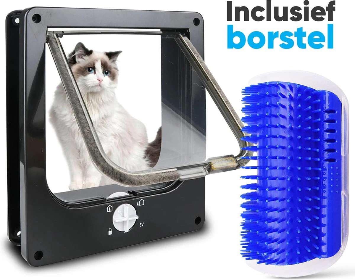 BFreshPets Kattenluik + Massageborstel - Met Tunnel - 4 Vergrendelingsstanden - Weersbestendig - Maat L - Zwart - 27 X 24 Cm