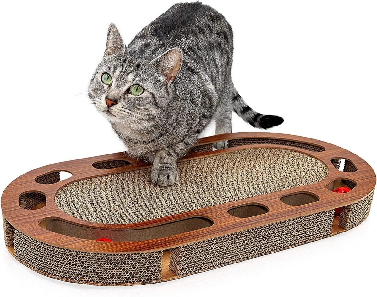 Pfotenolymp® Kattenspeelplaats 57 X 30 X 5 Cm - Interactief Kattenspeelgoed/krabplank Van Golfkarton - Krabplank - Voedselspeeltje Met Speelbal & Kattenkruid/krabplank Voor Katten - Afbeelding 6