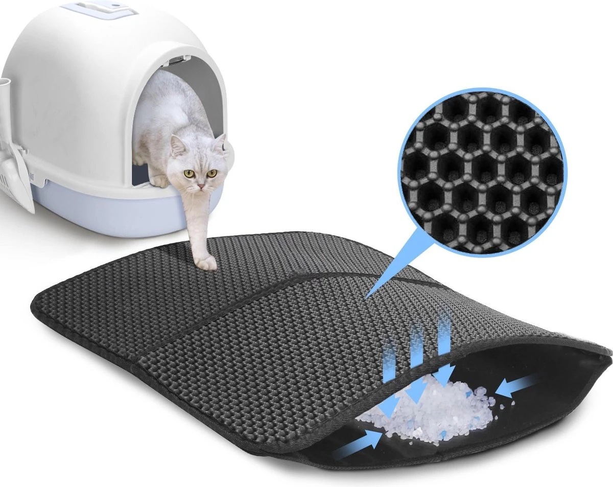 Nobleza Kattenbakmat - Kattenmat Met Filter - Kattenbak Accessoires - Grit Opvanger - 3 Lagen - Waterdicht - 60x45 Cm - Opvouwbaar - Zwart