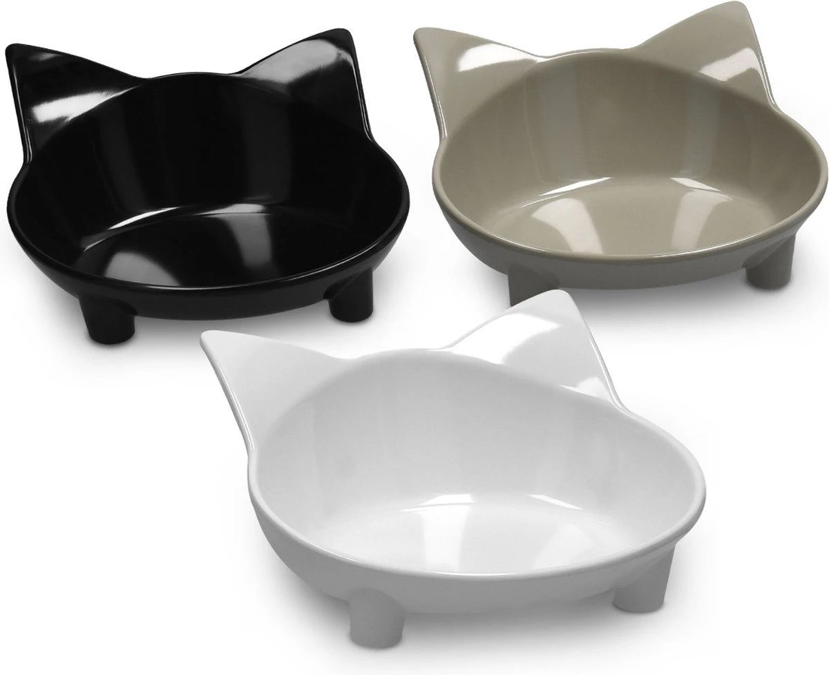 Navaris Voerbakjes Voor Katten - Set Van 3 Voer- En Waterbakken - Met Kattenkopjes Vorm - Antislip - Etensbakjes In Grijs, Wit En Zwart - Afbeelding 5