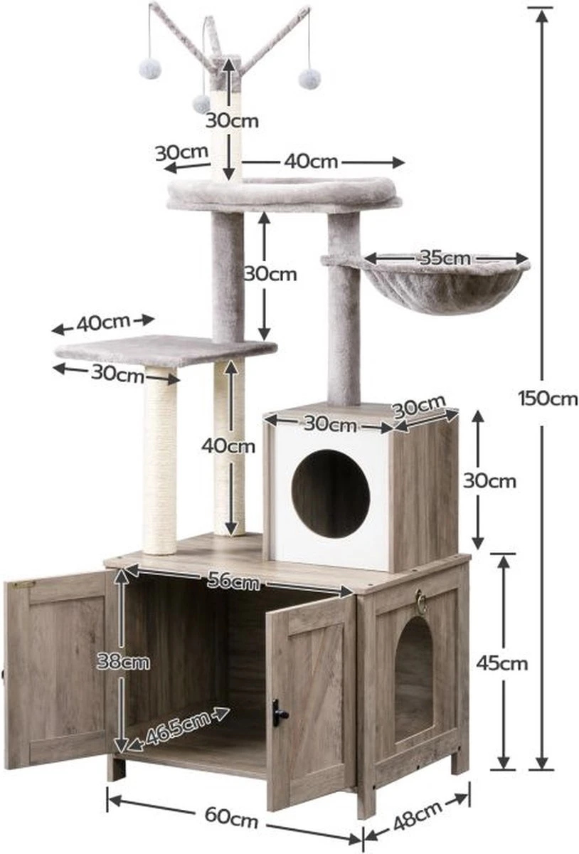 Signature Home Catty Krabpaal Met Kattenbak - Kattenbakkast - Kattenhuis Met Deur En Slot - Krabpalen Met Hangmat Mand Katten Huis - Kattenbakmeubel Verborgen - Alles-in-één Kattenspeelgoed Met Kattenhuis - Grijs - 60cm X 150cm X 48cm - Afbeelding 4